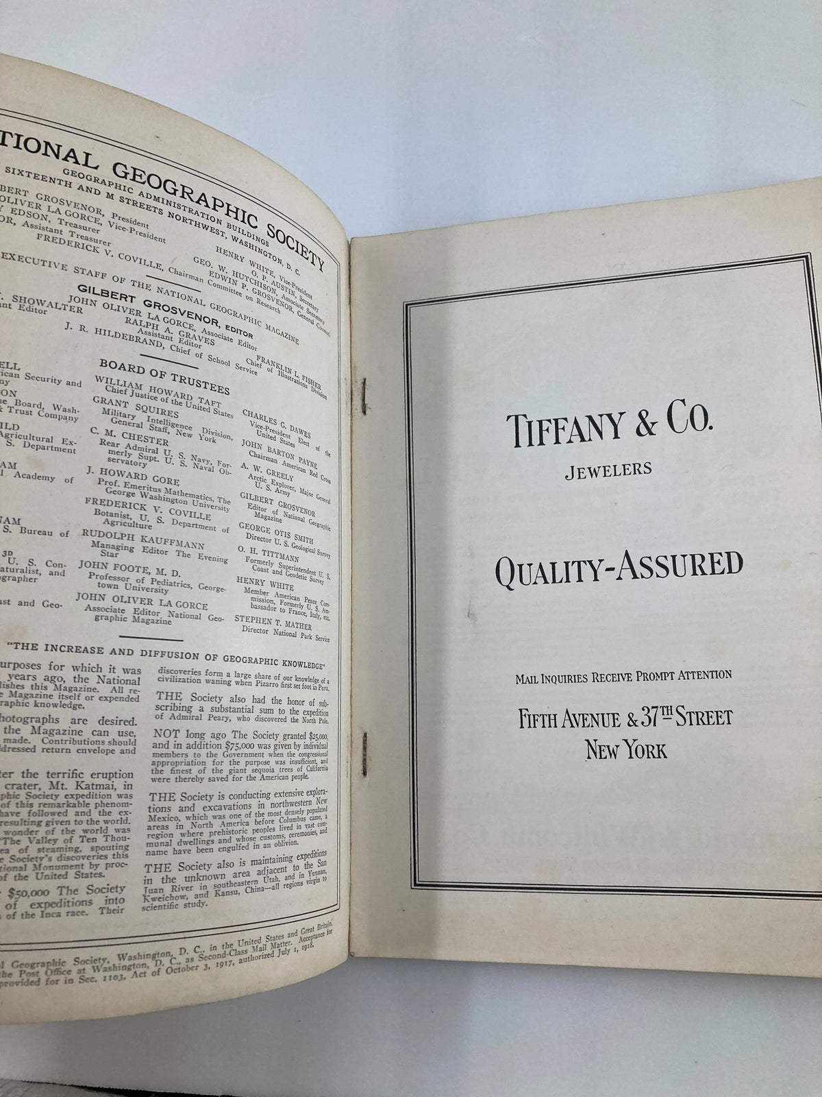 Inside page of the Vintage The National Geographic Magazine February 1925 displaying advertisement for Tiffany & Co. Jewellers, showcasing the magazine's historical context.