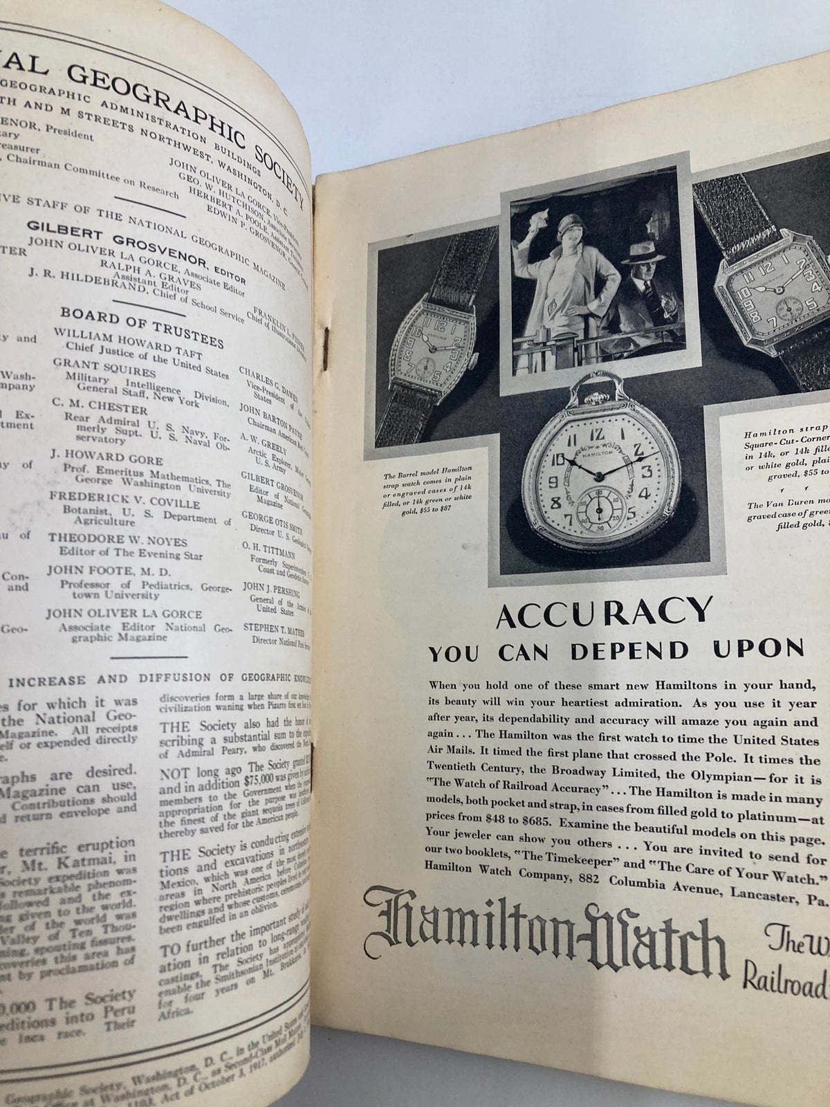 Interior page of the National Geographic Magazine January 1928 displaying an advertisement for Hamilton Watch, providing insight into historical advertisements.