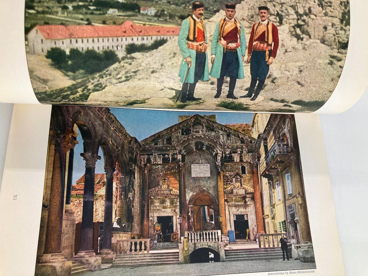 Colorful photographs in the National Geographic Magazine January 1928, featuring historical figures in traditional attire and architecture.