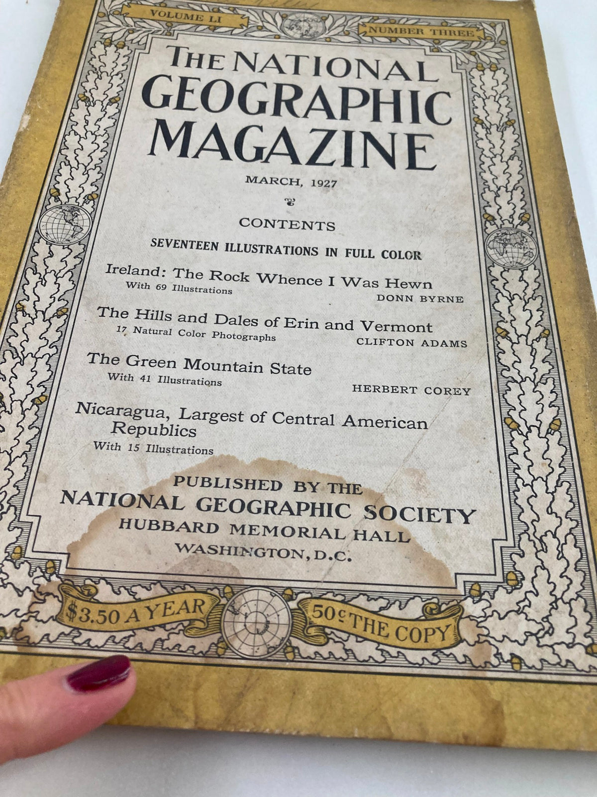 Back cover of VTG The National Geographic Magazine March 1927 displaying visible wear and historical content.