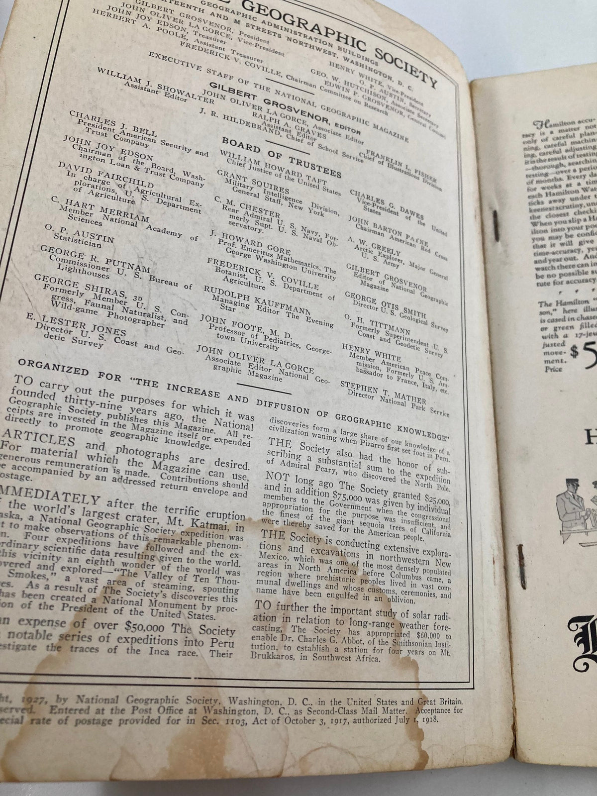 Interior page of VTG The National Geographic Magazine March 1927 with details about the National Geographic Society.