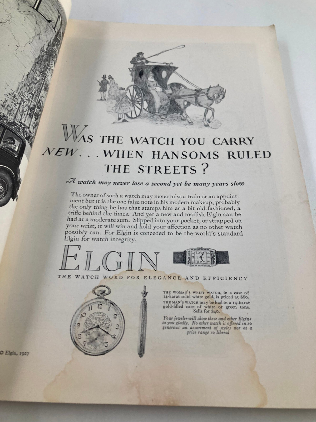 Vintage National Geographic Magazine March 1927 advertisement for Elgin watches discussing the importance of precision and elegance in wristwatches, featuring an ornate pocket watch.
