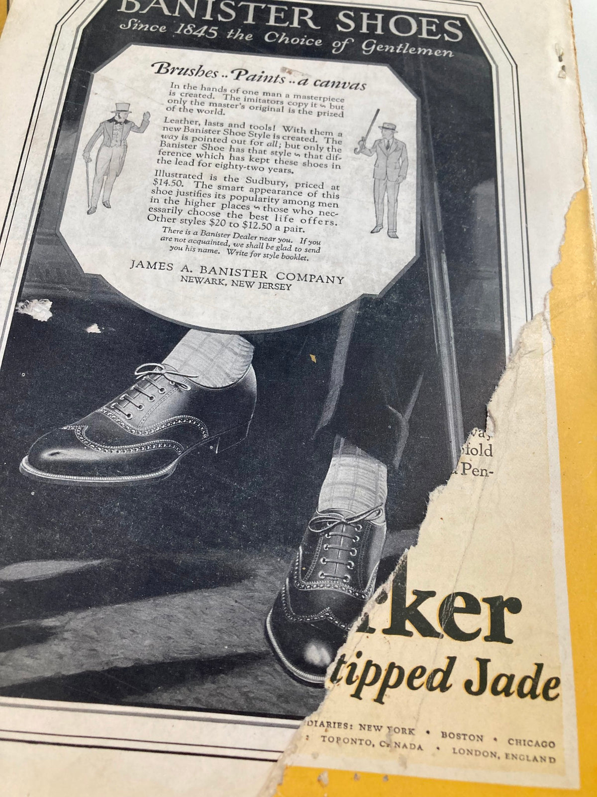 Advertisement from VTG The National Geographic Magazine March 1927 showcasing Banister shoes, highlighting a stylish footwear option for gentlemen with visible wear and tear.