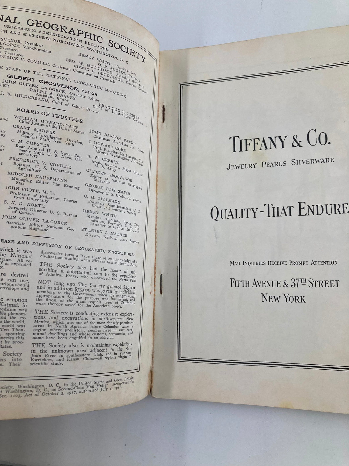 Inside page of VTG The National Geographic Magazine December 1924 showcasing an advertisement for Tiffany & Co., a historic jewelry retailer.