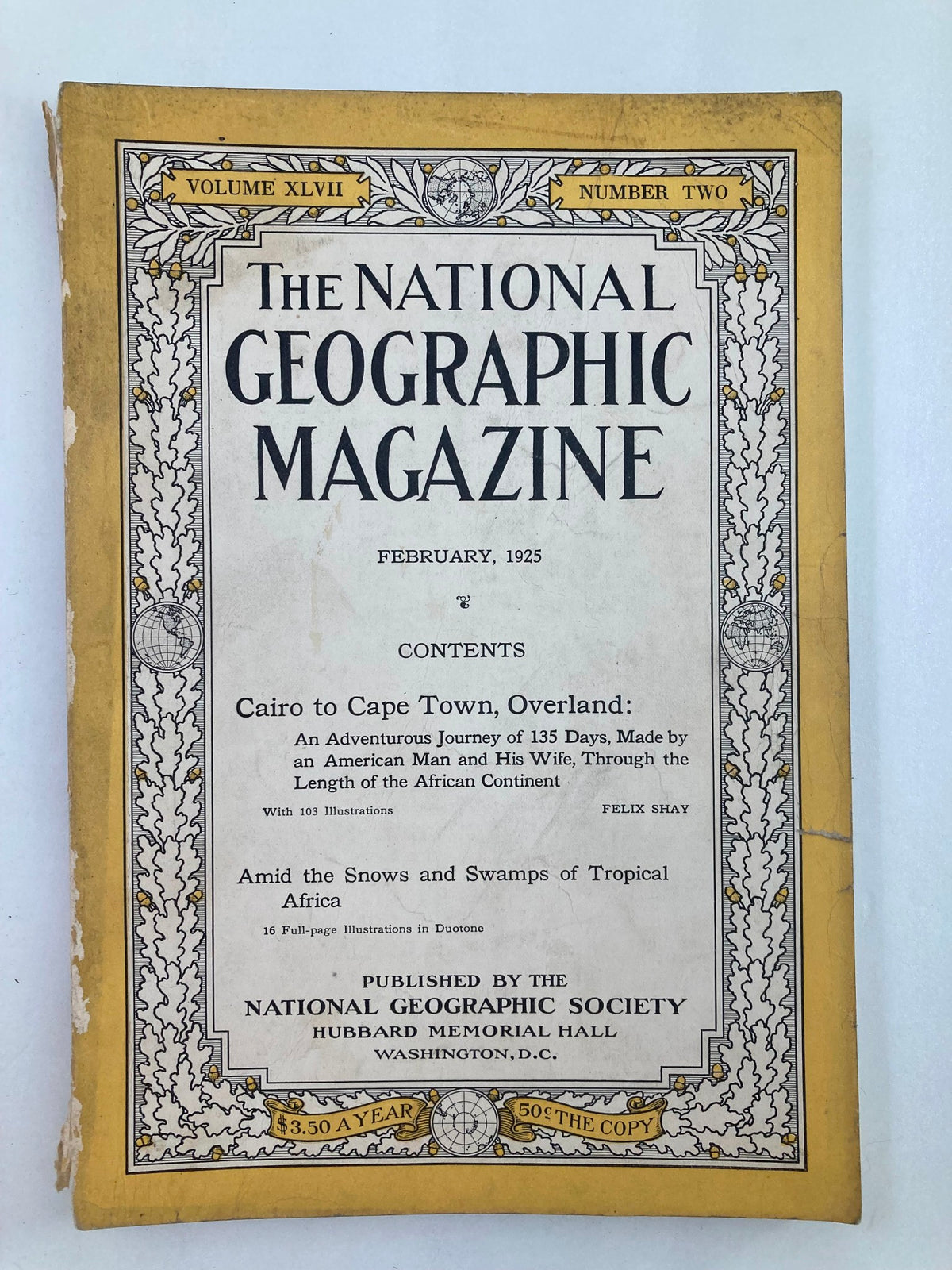 Cover of the February 1925 edition of National Geographic Magazine featuring the title and contents including a journey from Cairo to Cape Town.