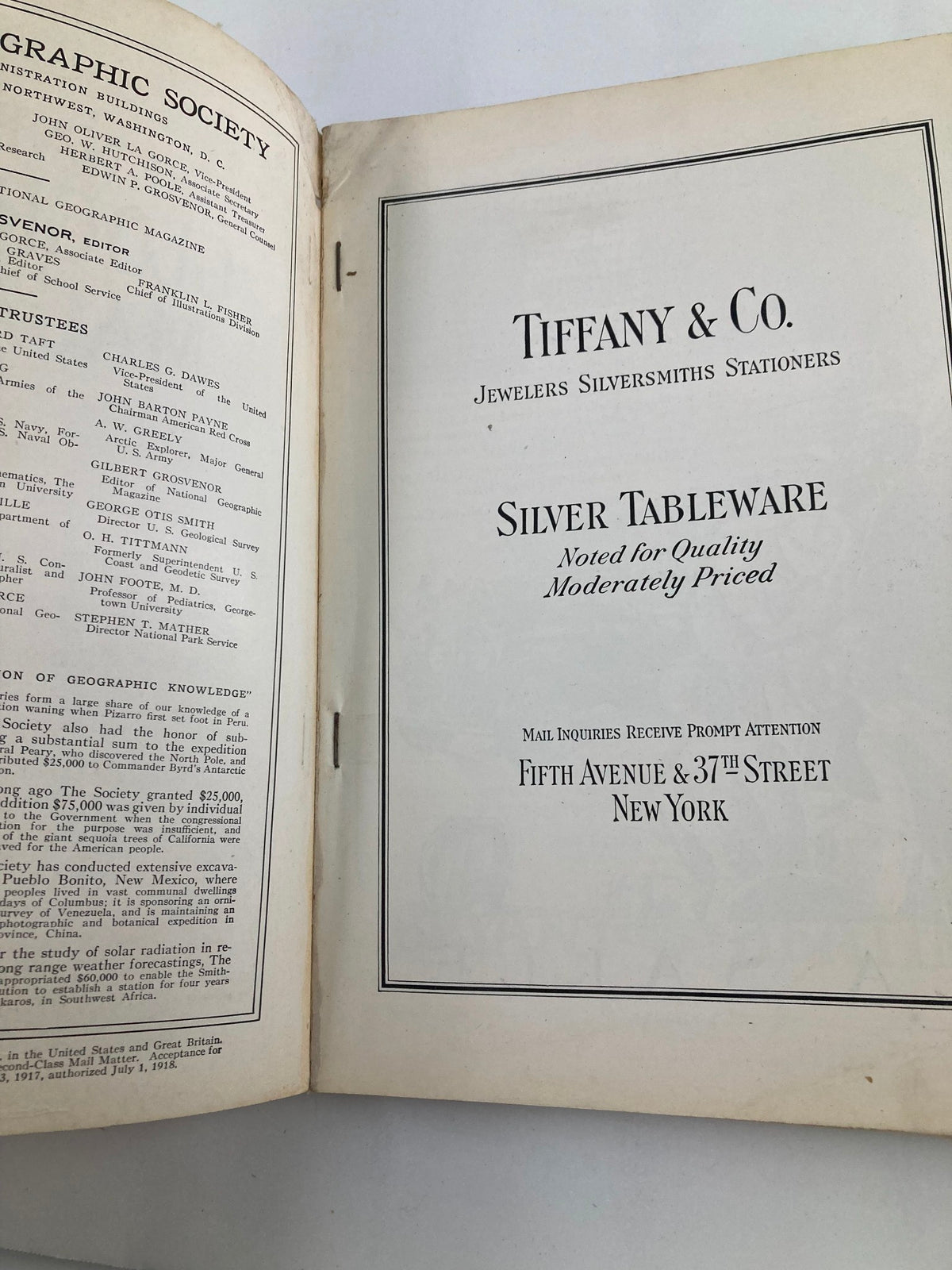 Inside page of VTG The National Geographic Magazine February 1929 displaying an advertisement for Tiffany & Co. Silver Tableware, emphasizing the historic context of the magazine.
