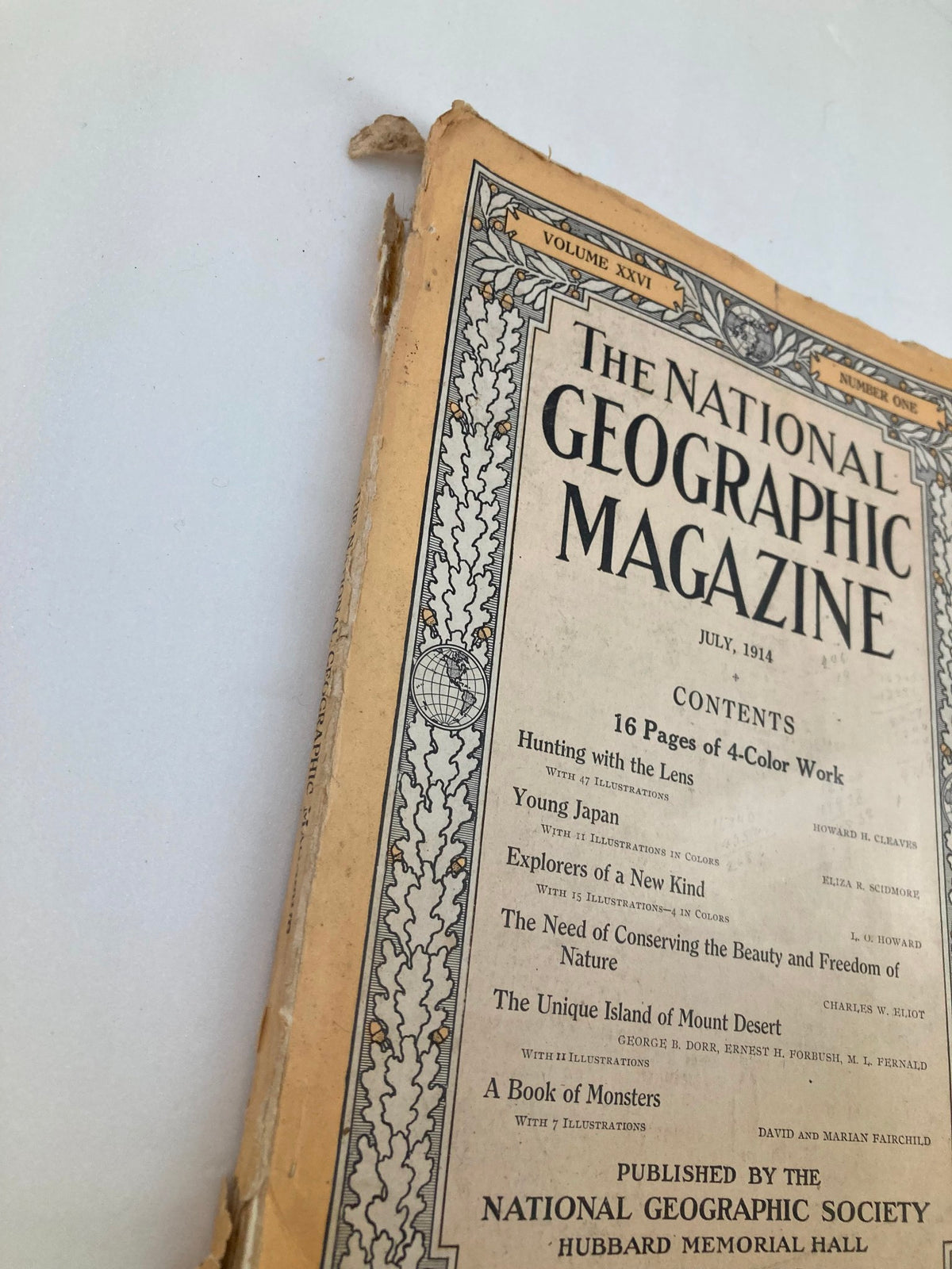 Cover of VTG The National Geographic Magazine July 1914 featuring contents on the Island of Mount Desert with vintage design and condition.