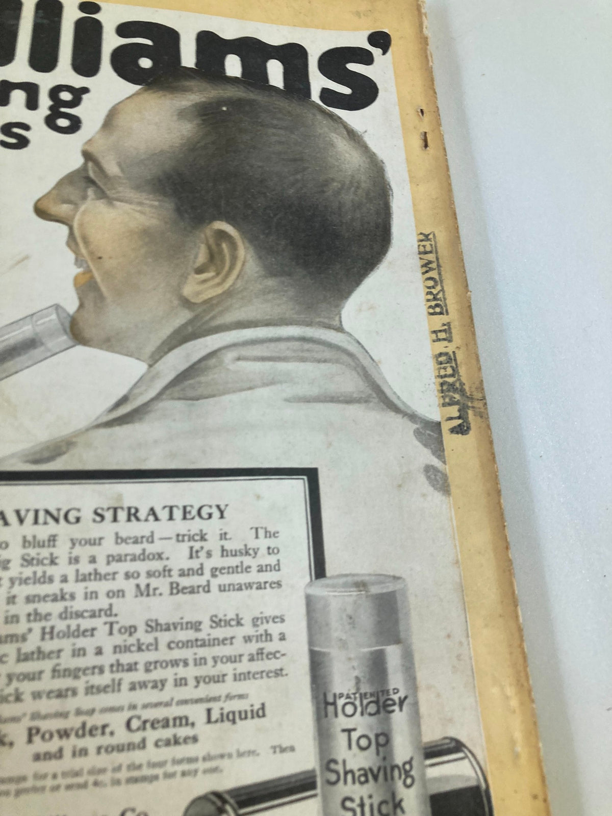 Detail from January 1917 issue of National Geographic Magazine featuring a vintage advertisement for Williams' Top Shaving Stick, illustrating early 20th century grooming products.
