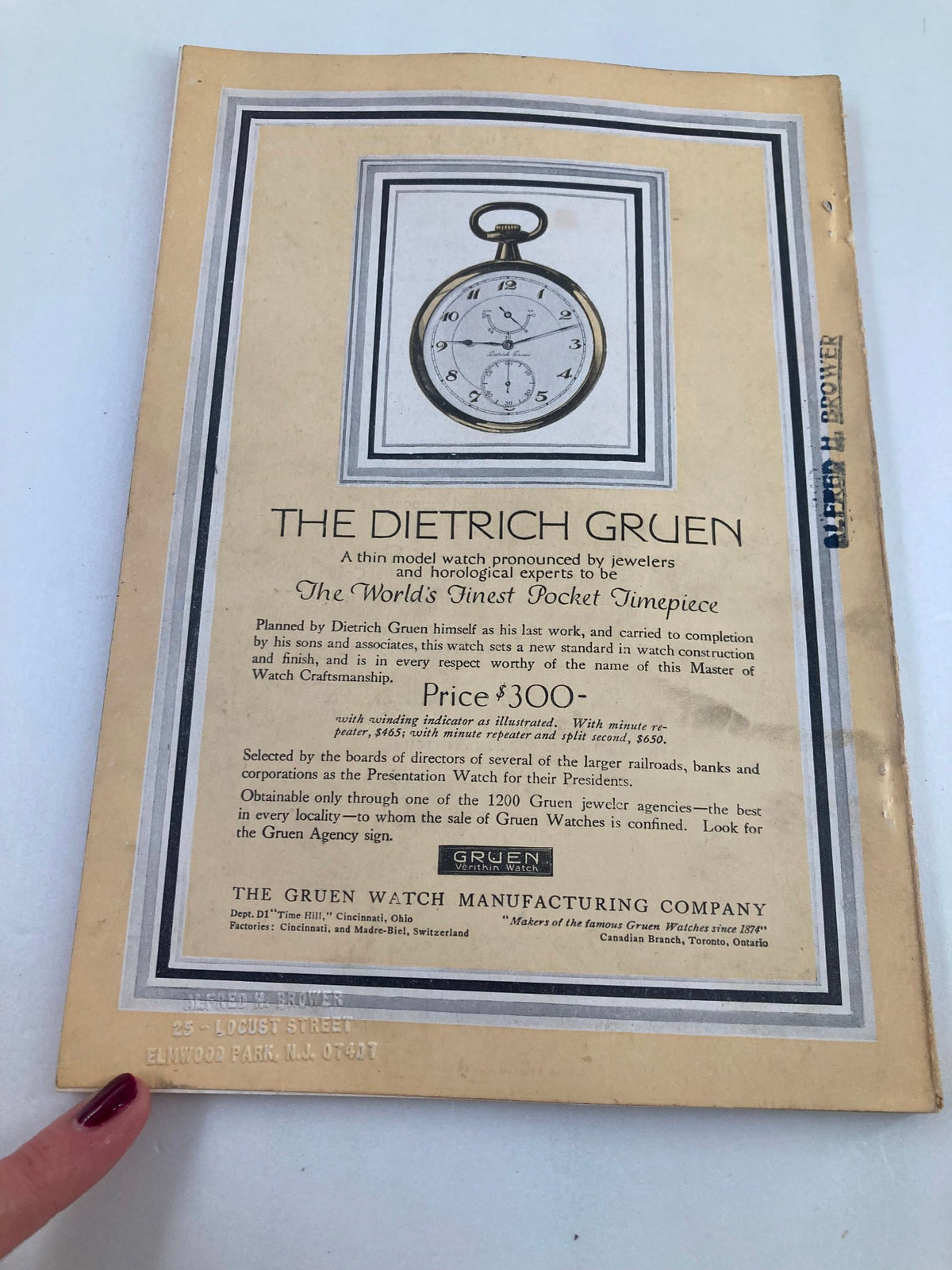 Vintage advertisement for the Dietrich Gruen pocket watch from VTG The National Geographic Magazine April 1917, featuring a detailed description and pricing of the timepiece.