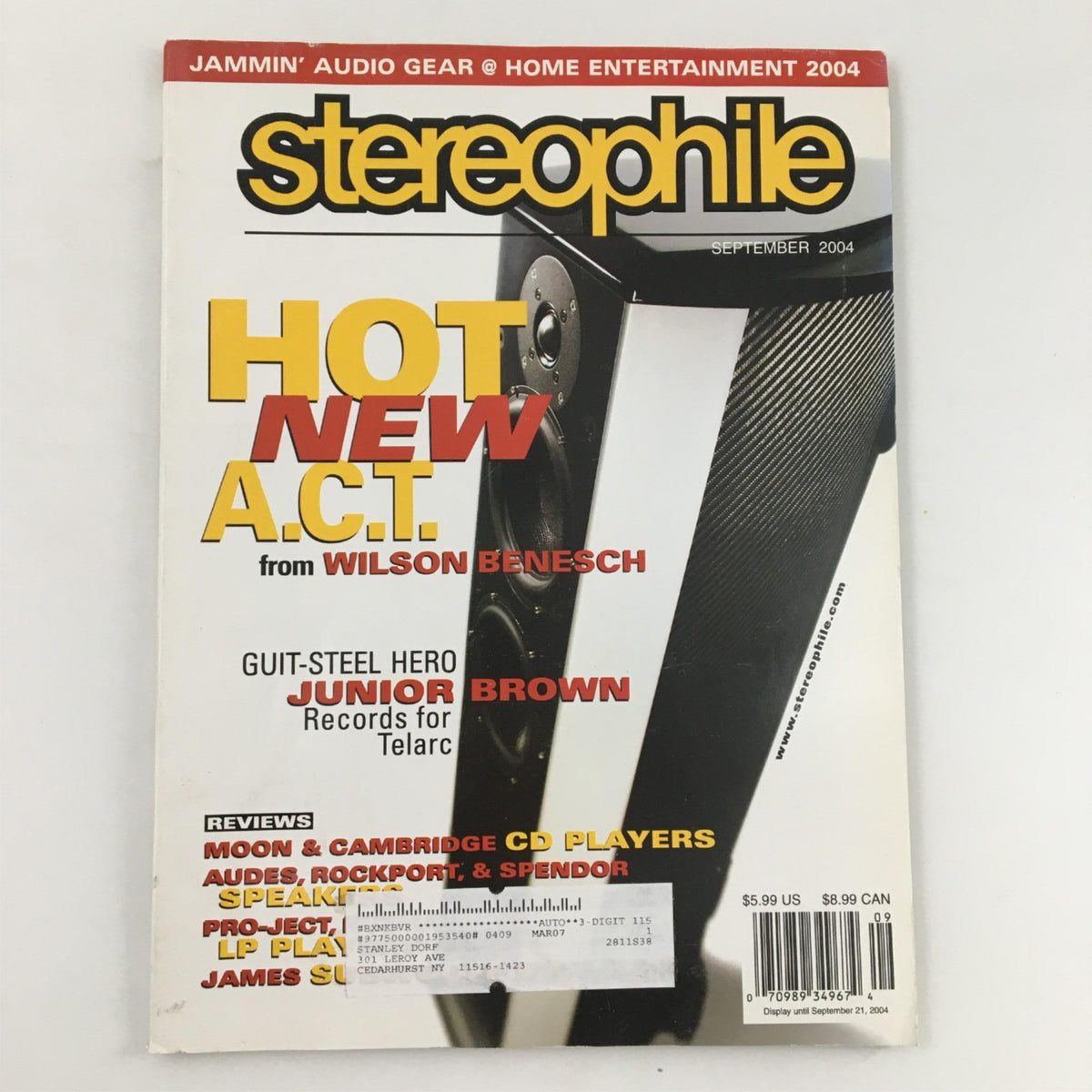 Cover of Stereophile Magazine September 2004 featuring articles on Jammin' Audio Gear, Wilson Benesch, and Junior Brown, showcasing the latest trends in high fidelity audio equipment.