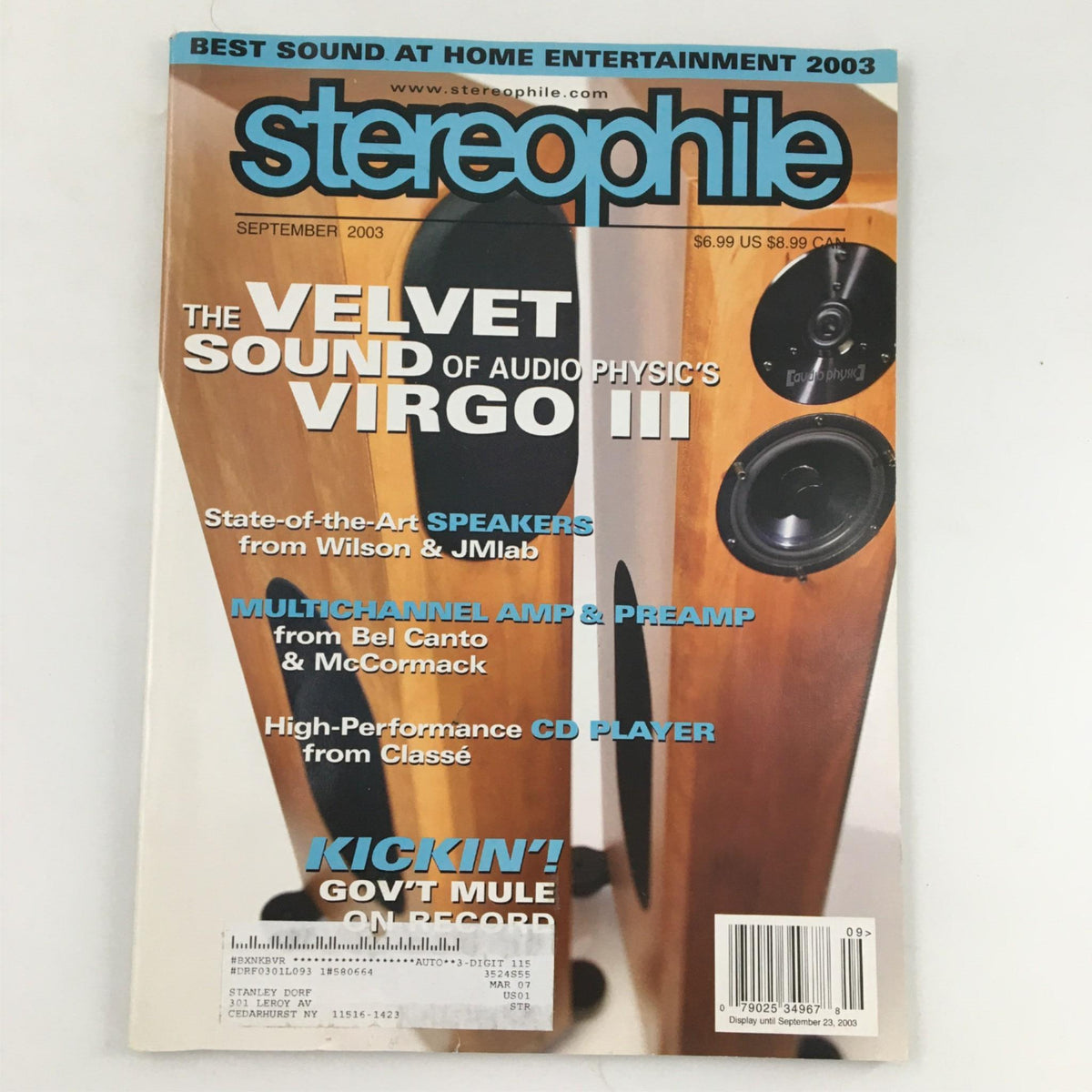 Cover of Stereophile Magazine September 2003 featuring the title 'The Velvet Sound of Audio Physic's Virgo III', showcasing audio equipment like speakers and amplifiers.
