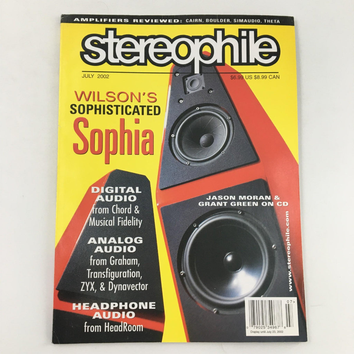 Cover of Stereophile Magazine from July 2002 featuring Wilson's Sophisticated Sophia speaker system and spotlighting jazz pianist Jason Moran.