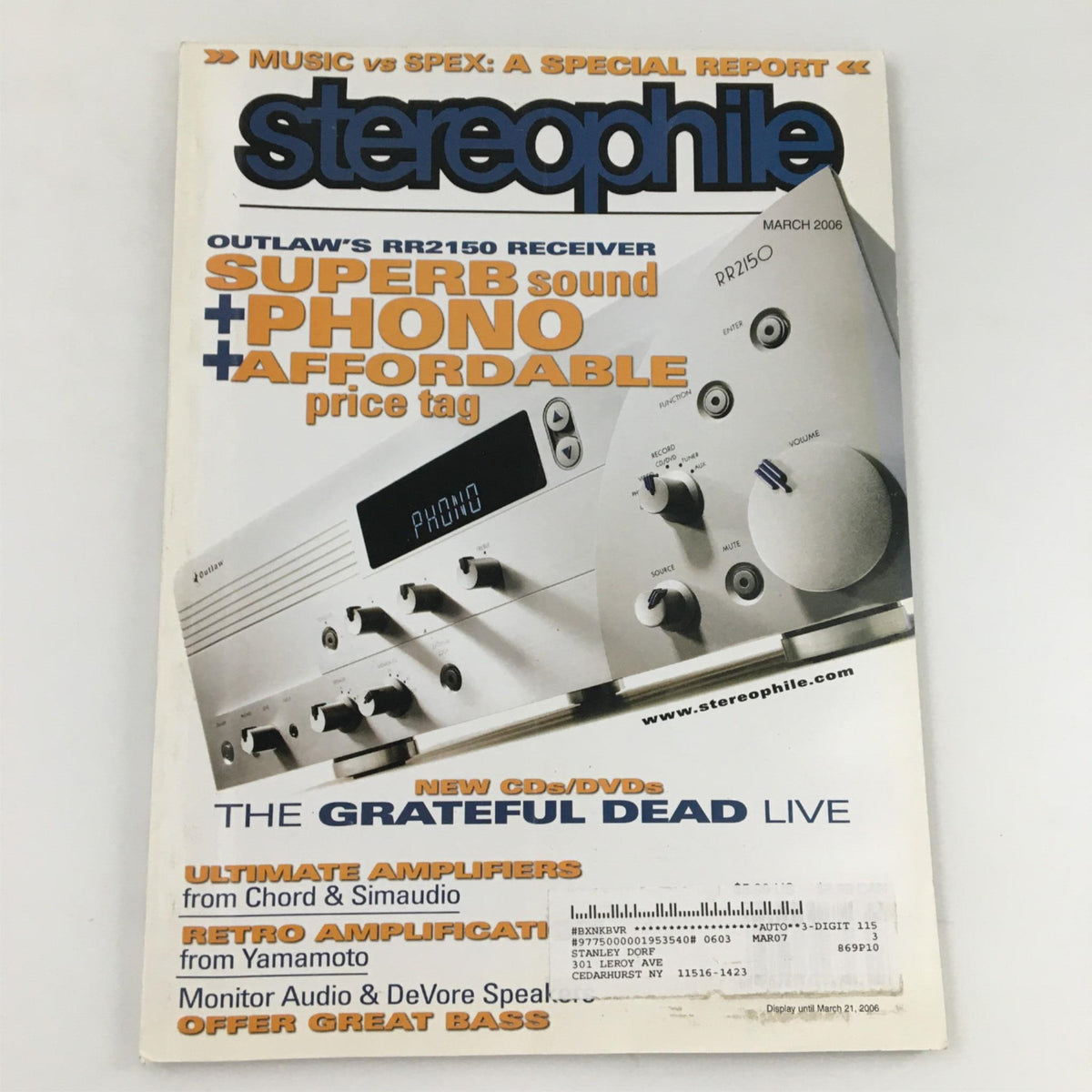 Cover of Stereophile Magazine March 2006 featuring The Grateful Dead Live and review of Outlaw's RR2150 Receiver, showcasing audio equipment and music culture.