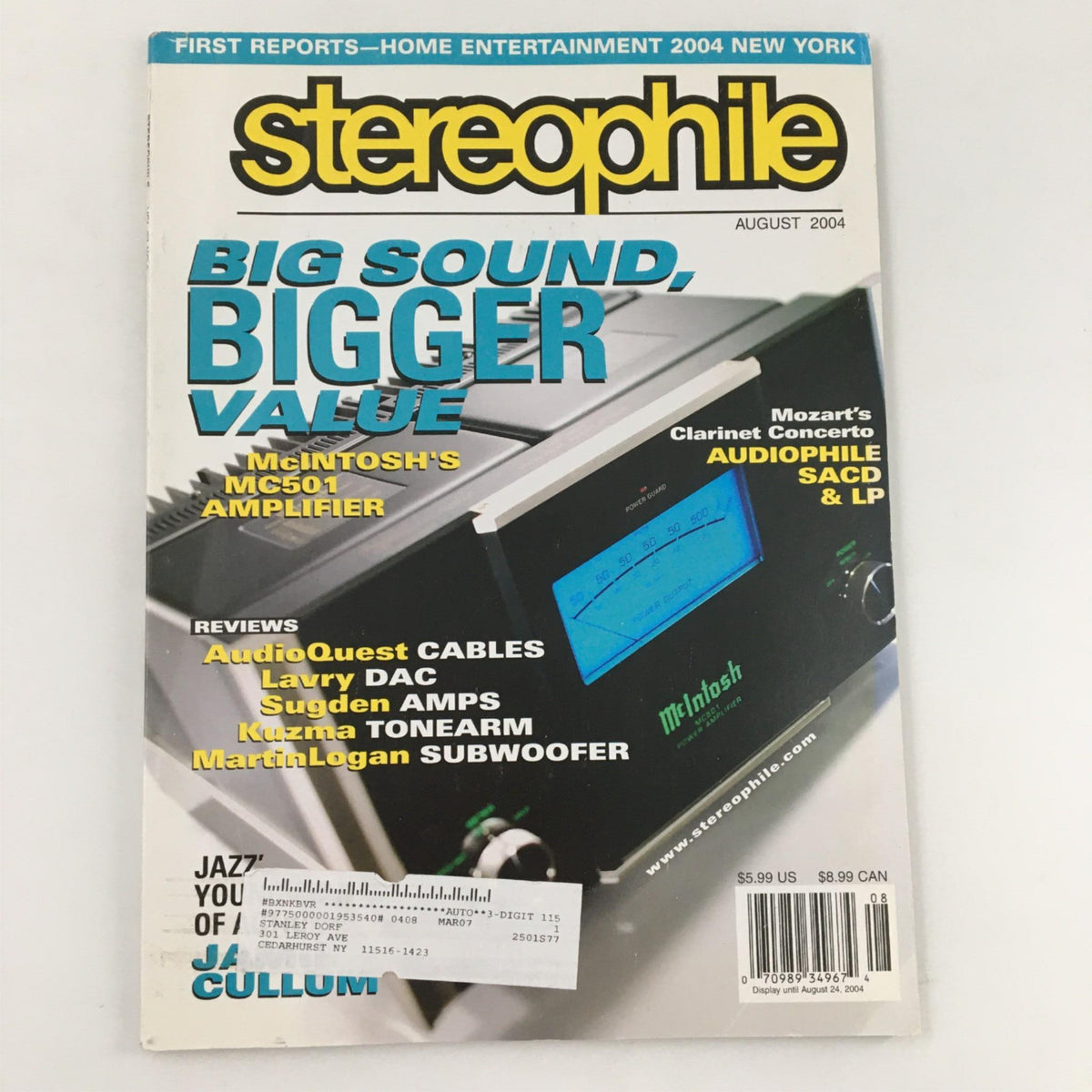 Cover of Stereophile Magazine August 2004 featuring McIntosh's MC501 Amplifier with headline 'Big Sound, Bigger Value', showcasing articles on high-fidelity audio technology, SADC, and LP reviews.