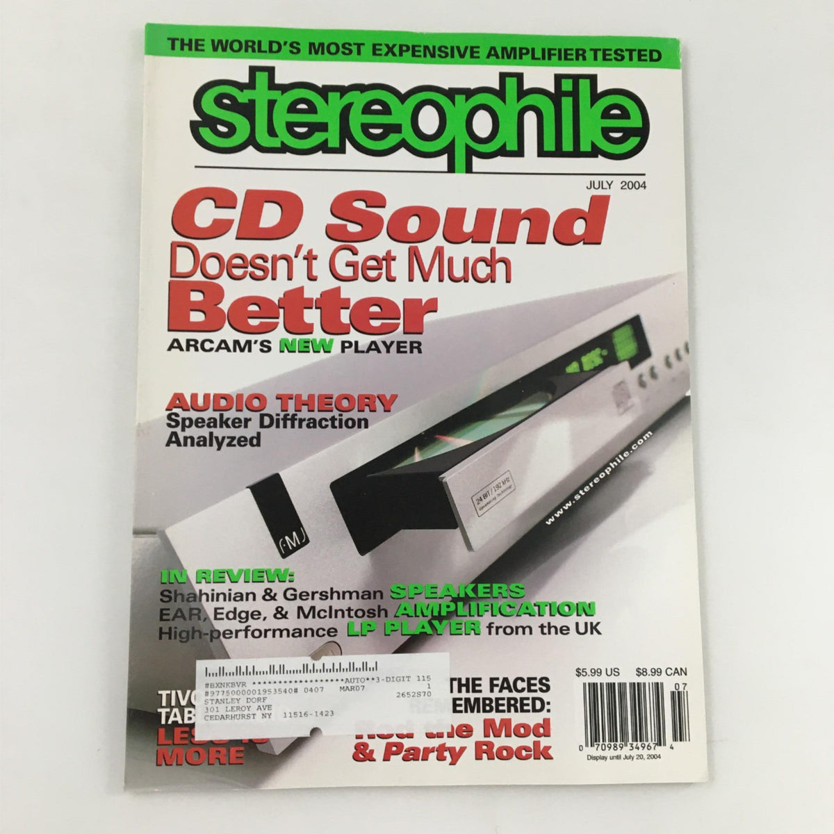 Cover of Stereophile Magazine July 2004 featuring the title 'CD Sound Doesn't Get Much Better: Arcam's New Player'. The magazine includes articles on audio theory and speaker diffraction analysis, suitable for audiophiles and collectors.