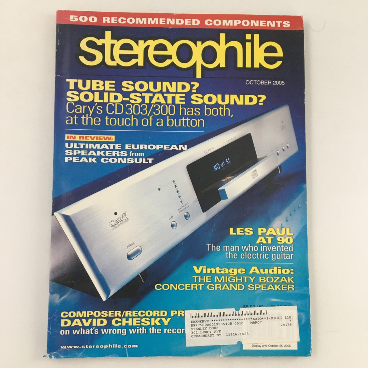 Cover of Stereophile Magazine, October 2005, featuring an article on Cary's CD303/300 and a tribute to Les Paul at 90.