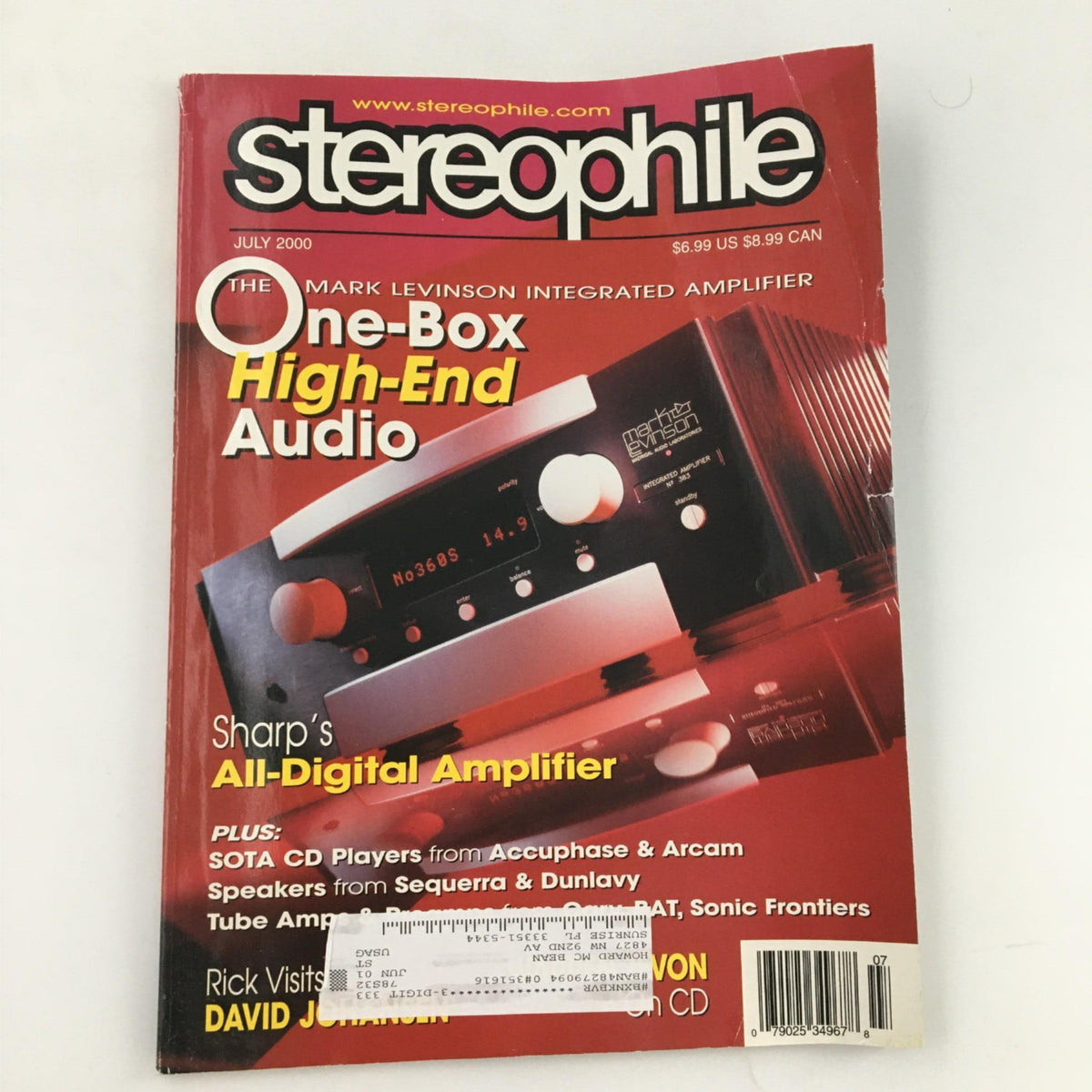Cover of Stereophile Magazine from July 2000 featuring the Mark Levinson Integrated Amplifier, showcasing one-box high-end audio equipment and articles on audio technology.
