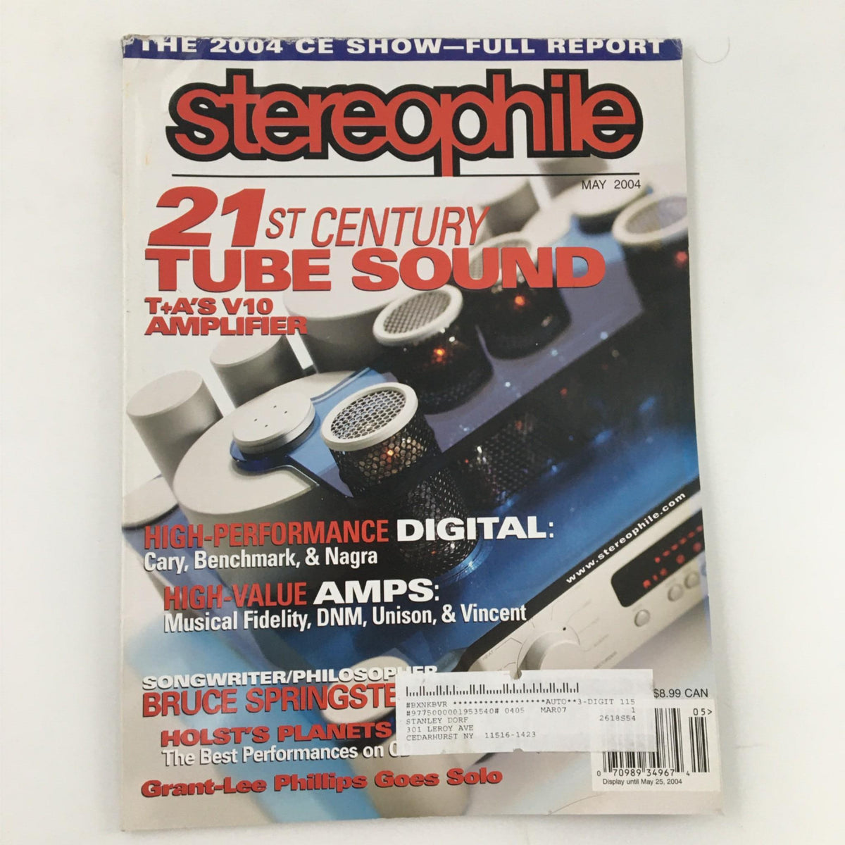 Cover of Stereophile Magazine May 2004 featuring T+A's V10 Amplifier, highlighted topics include high-performance digital audio and tube sound technologies.