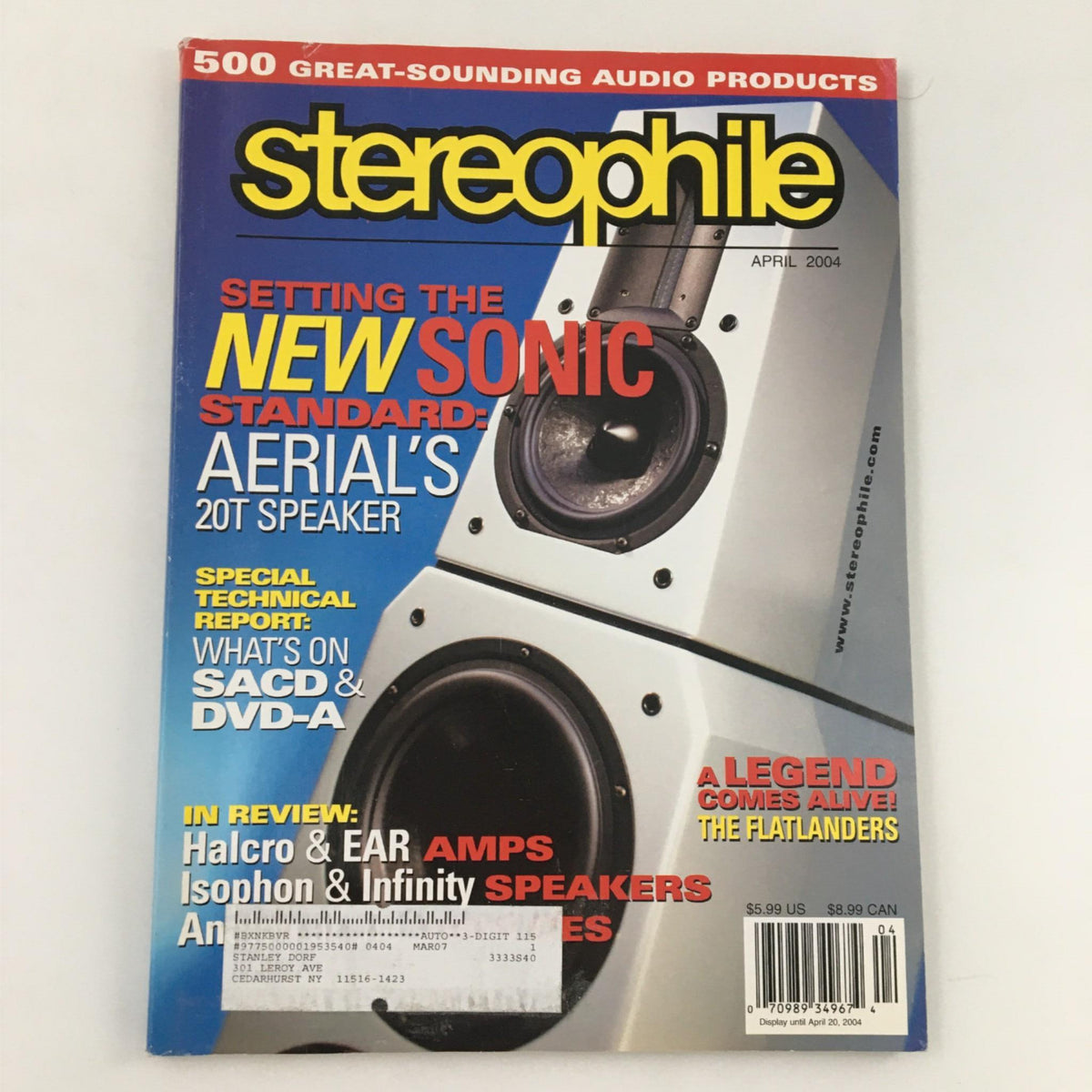 Cover of Stereophile Magazine April 2004 featuring Aerial's 20T Speaker and an article about The Flatlanders. Highlights the review of high-fidelity audio products.