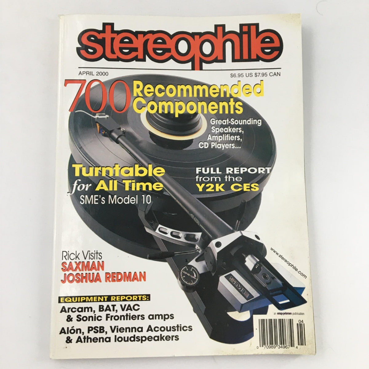 Cover of Stereophile Magazine from April 2000 featuring SME Model 10 Turntable and news on jazz artist Joshua Redman. Highlights include 700 recommended audio components.