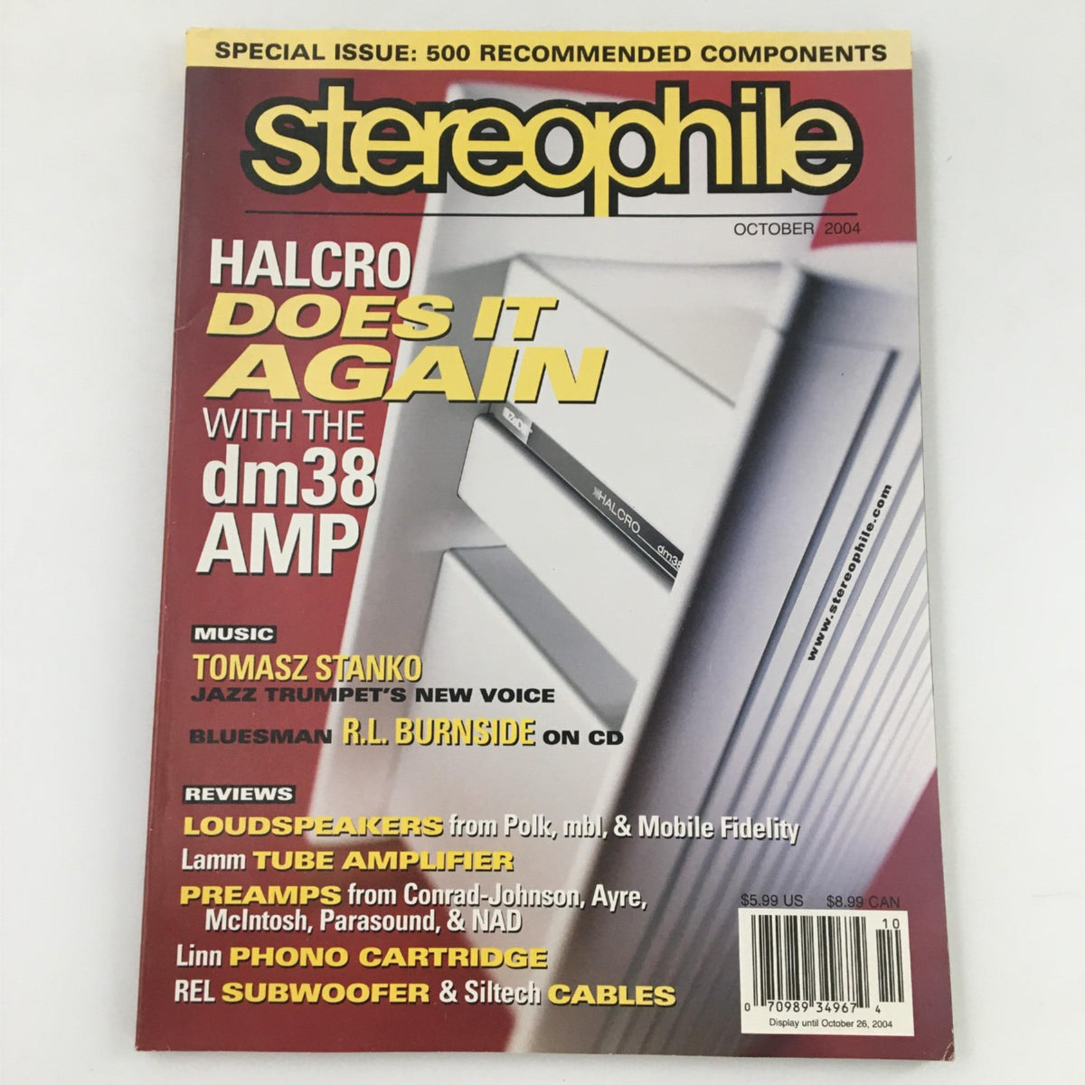 Cover of Stereophile Magazine October 2004 featuring DM38 Amplifier, Tomasz Stanko, and R.L. Burnside, showcasing high-fidelity audio insights and reviews.