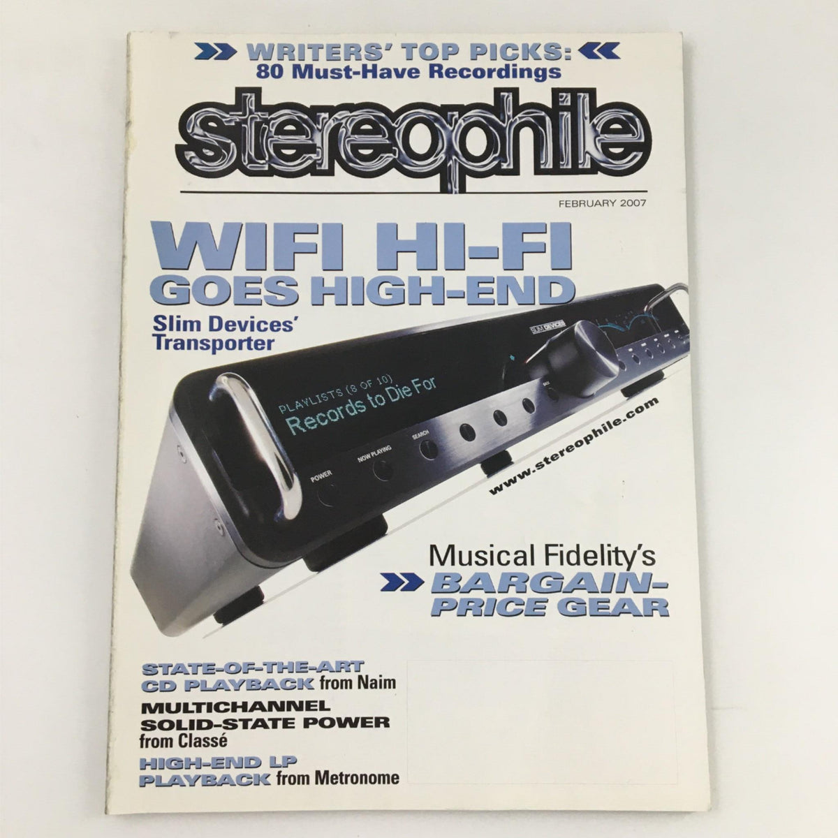 Cover of Stereophile Magazine February 2007 featuring the title 'Wifi Hi-Fi Goes High-End' highlighting advancements in audio technology with a focus on high-fidelity audio systems and Wifi integration.