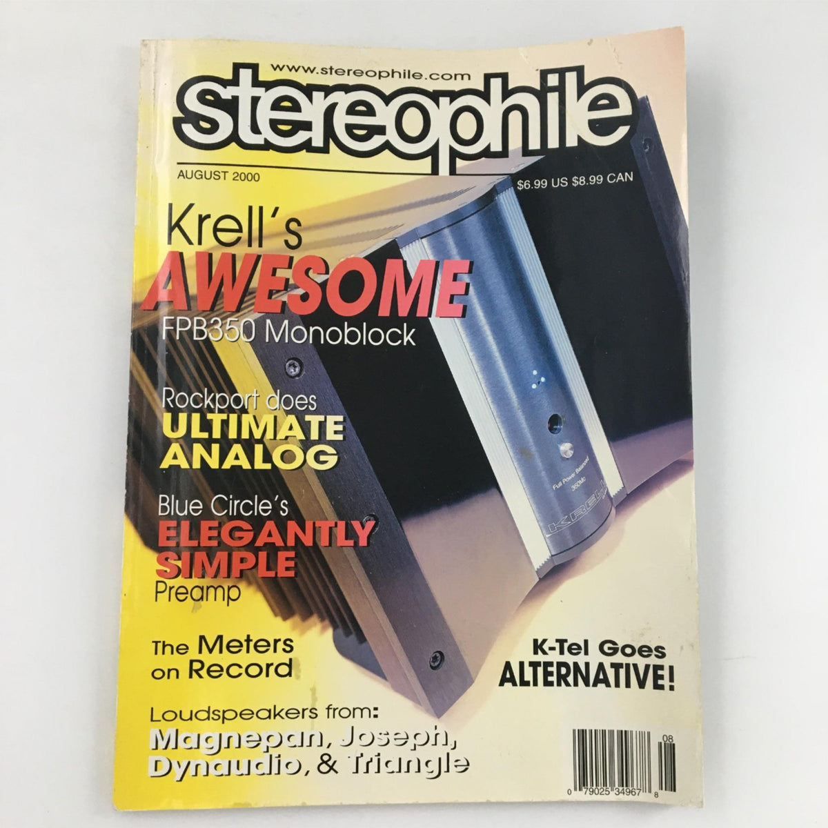 Cover of Stereophile Magazine August 2000 featuring Krell FPB350 Monoblock, showcasing high-fidelity audio reviews and technology insights.