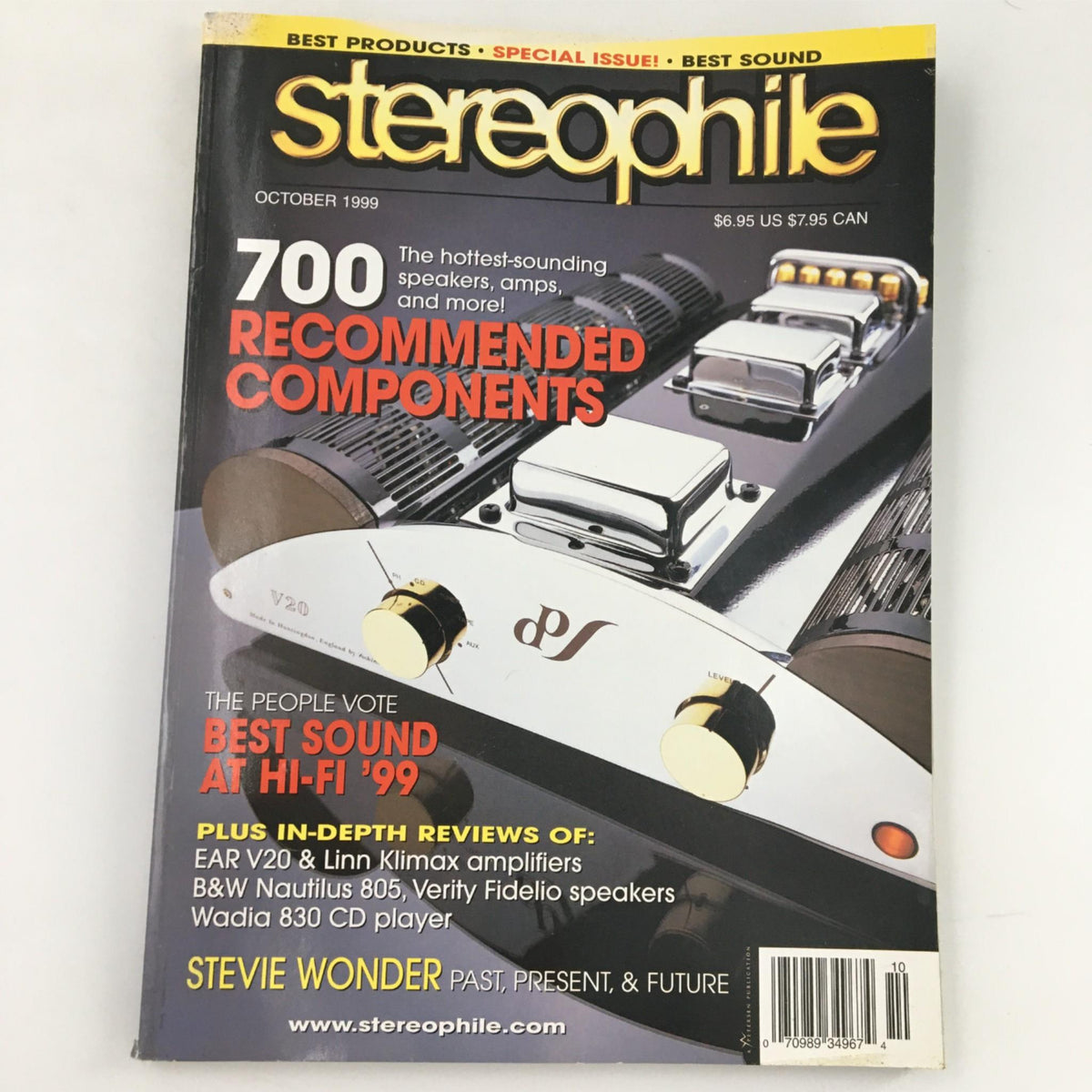 Cover of Stereophile Magazine, October 1999, featuring the title 'Stereophile Magazine October 1999 - People Vote Best Sound at Hi-Fi '99'. The magazine showcases recommended audio components including speakers and amplifiers, emphasizing reviews on brands such as EAR, B&W, and Verity. It highlights the best sound systems from Hi-Fi '99.