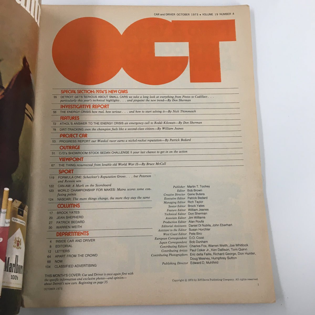 Interior page of VTG Car and Driver Magazine October 1973, showing the table of contents and topics including the energy crisis and new cars. A glimpse into automotive journalism of the 1970s.