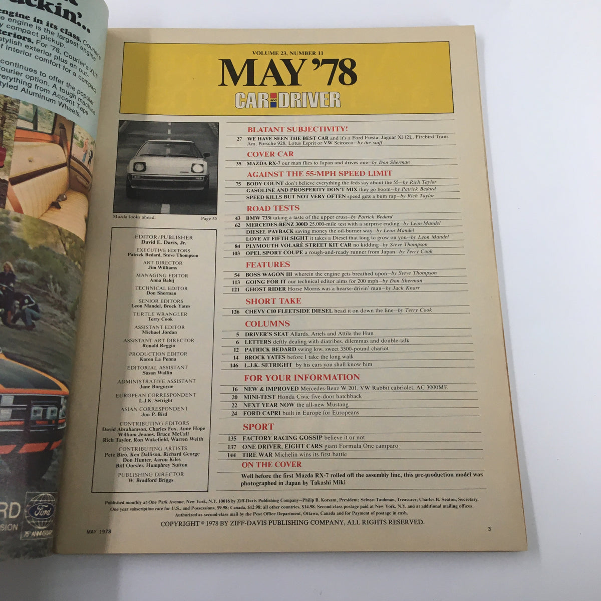 Interior page from Car and Driver magazine May 1978 showcasing the table of contents, including features on the Mazda RX-7 and other car tests.