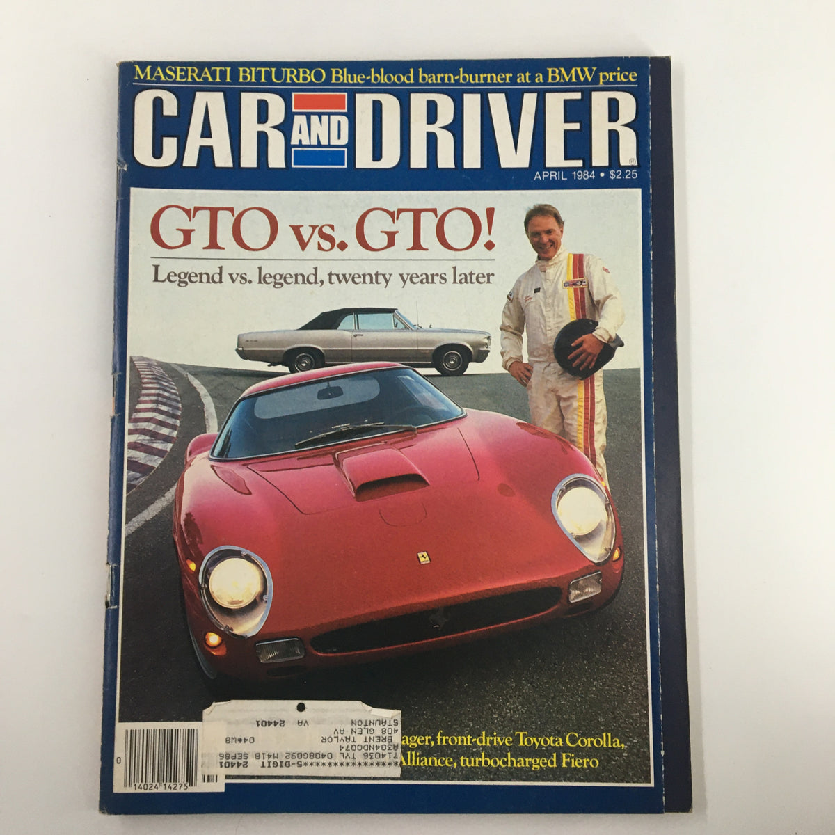 Cover of Car and Driver Magazine, April 1984, featuring GTO vs. GTO! with a vintage red Ferrari and additional car in the background, highlighting legendary vehicles 20 years later.