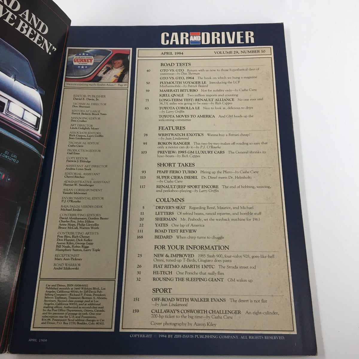 Interior page of the April 1984 Car and Driver Magazine, displaying the table of contents that includes road tests and features on classic cars.