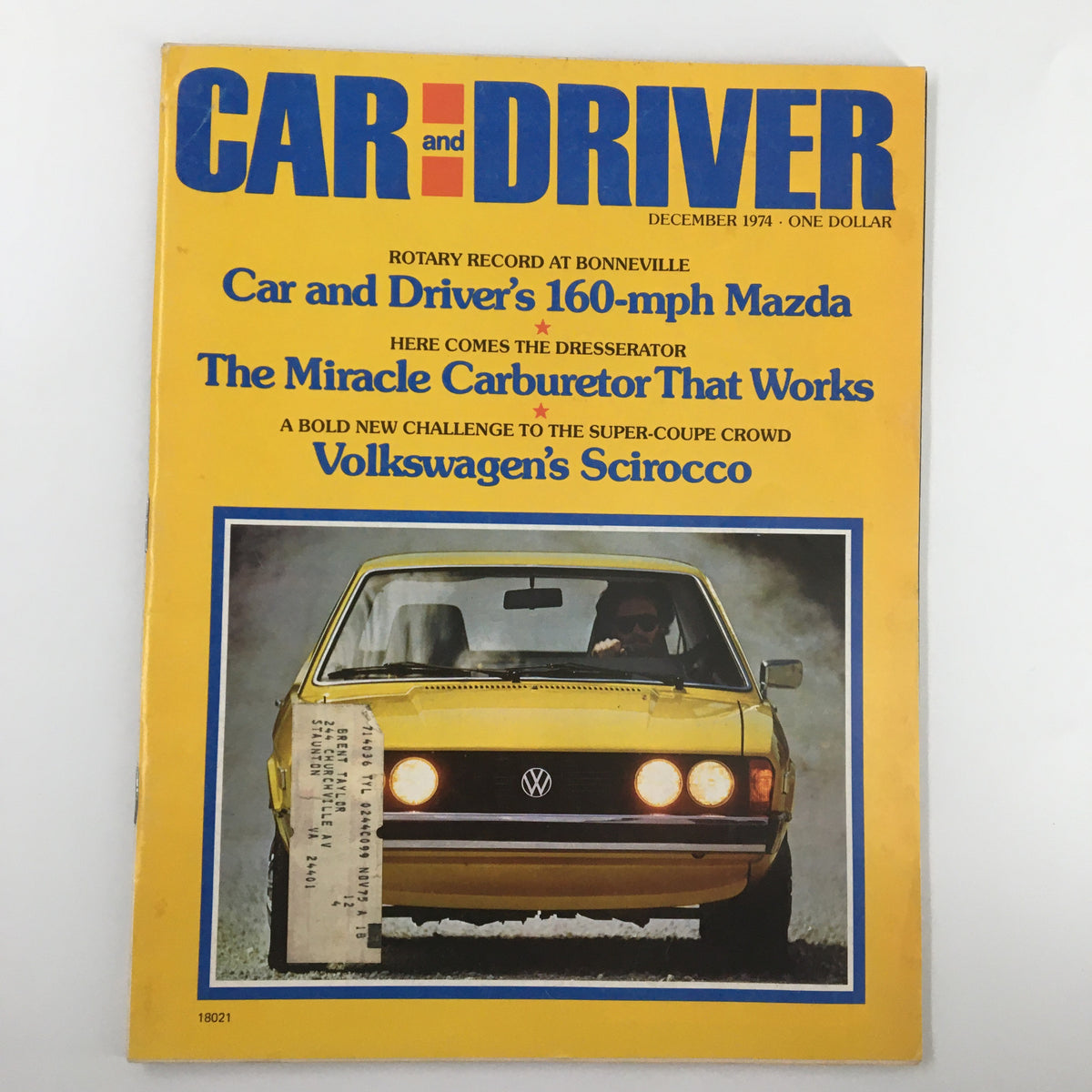 Car and Driver Magazine, December 1974 issue featuring Volkswagen Scirocco on the cover, showcasing automotive culture and performance cars.