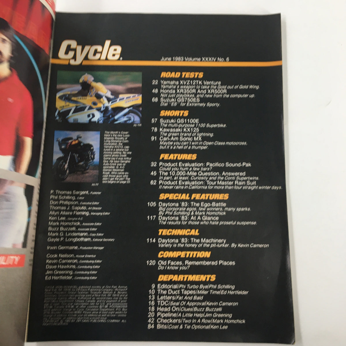Interior page of Cycle Magazine June 1983 displaying an index of articles including road tests of the Yamaha XVZ1200 Venture and feature highlights.