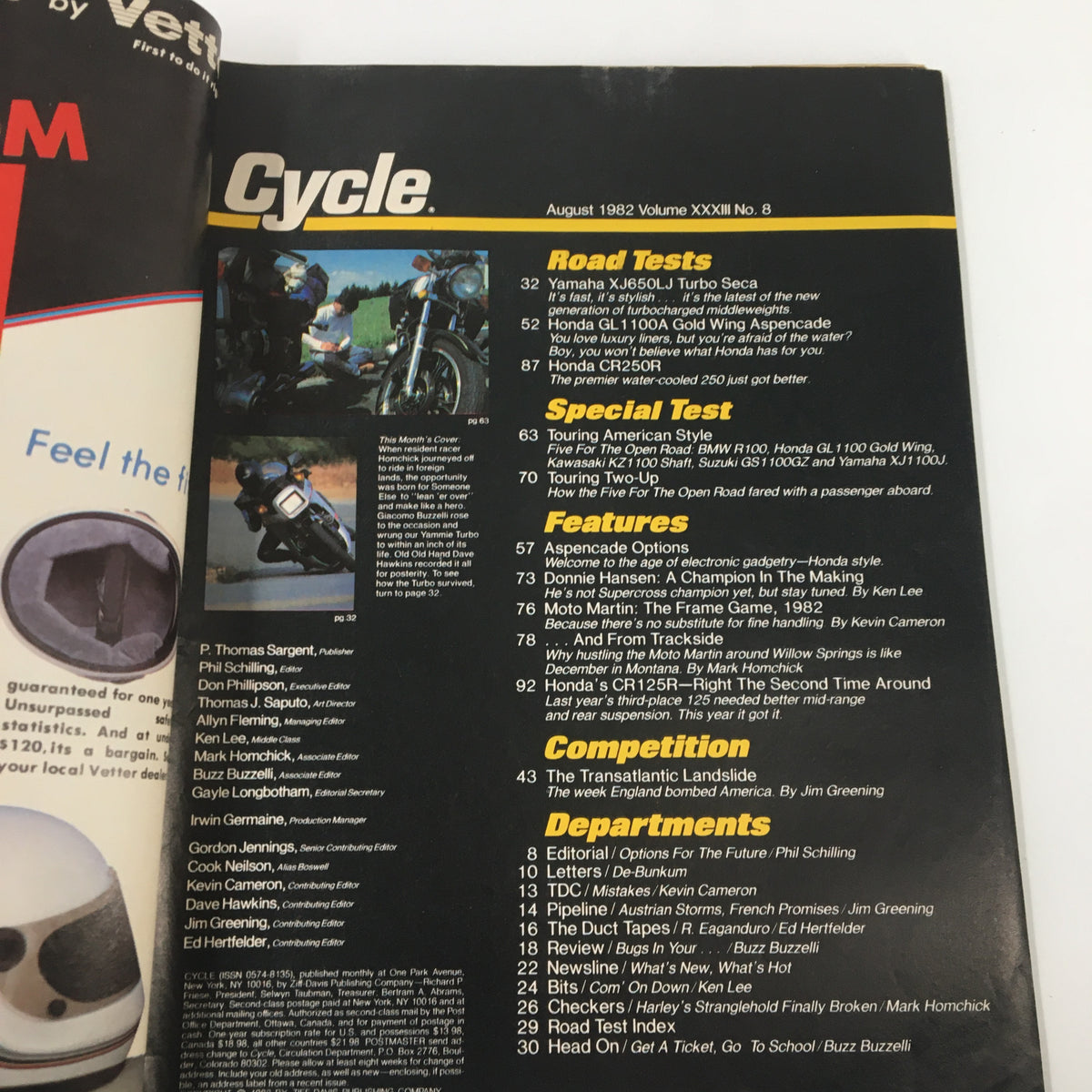 Interior page of the August 1982 'Cycle' magazine, showcasing the index and road test features, prominently including the Yamaha 650 Turbo Seca.