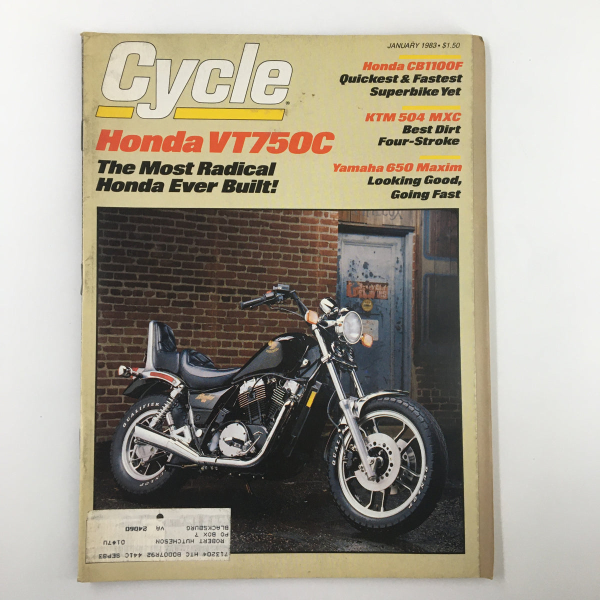 Cover of Cycle Magazine from January 1983 featuring the Honda VT750C, showcasing the motorcycle and its radical design with a brick wall background.