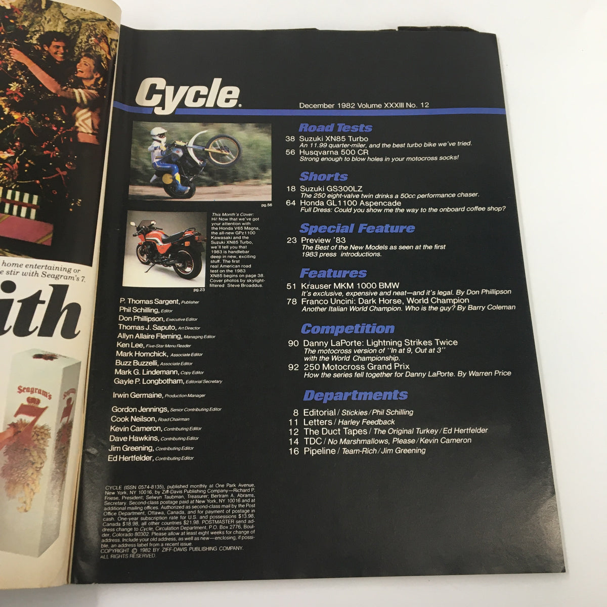 December 1982 issue of Cycle Magazine featuring the Suzuki XN85 Turbo with a table of contents highlighting road tests, shorts, special features, and articles related to motorcycle performance and culture.