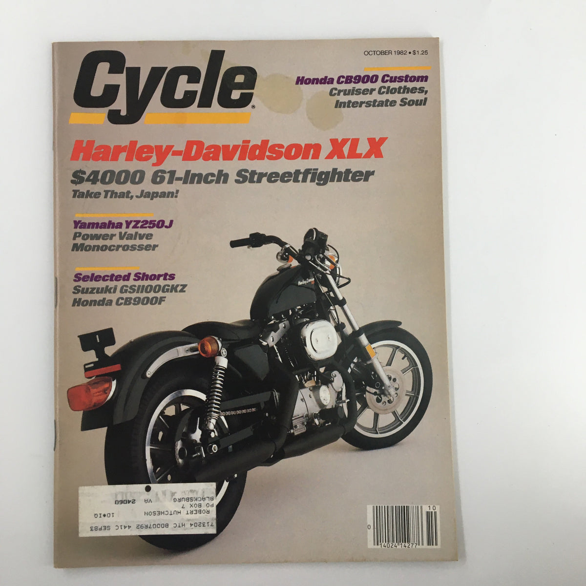 Cover of VTG Cycle Magazine October 1982 featuring Harley-Davidson XLX and Yamaha YZ250J Monocrosser. The magazine highlights motorcycle innovations with a photo of the Harley-Davidson XLX model.