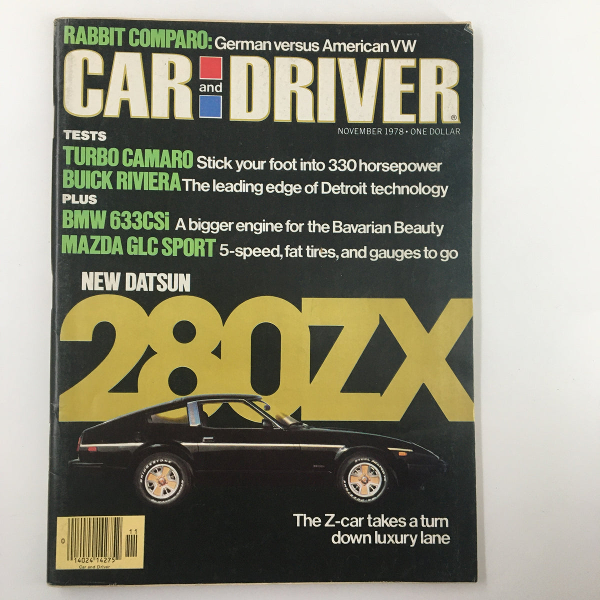 VTG Car and Driver November 1978 issue featuring Turbo Camaro and Buick Riviera test. Cover highlights vehicle tests, including BMW 633CSi and Mazda GLC Sport, with a focus on the new Datsun 280ZX. Good condition with minor wear and comes with plastic protective covering.