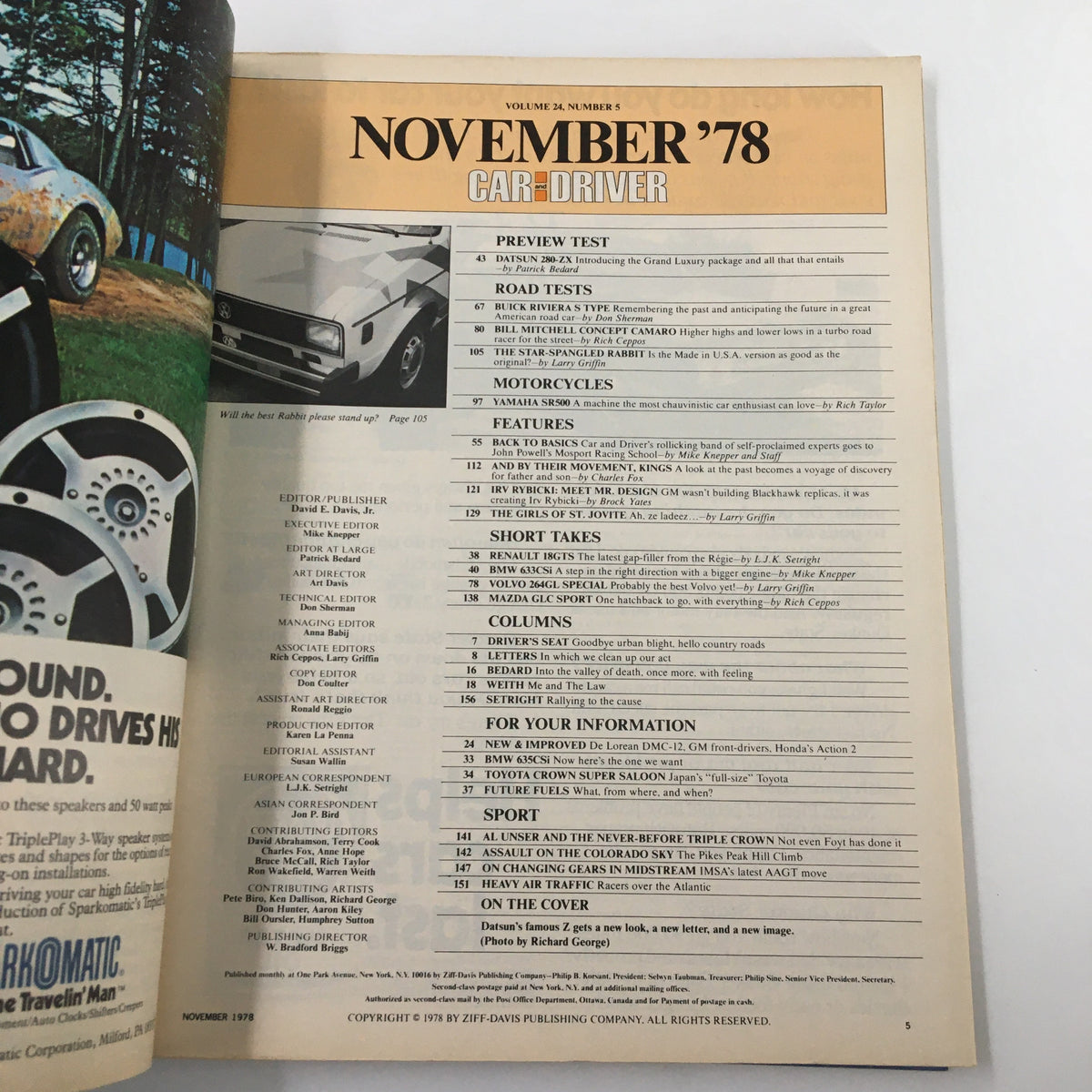VTG Car and Driver November 1978 magazine cover featuring preview tests, road tests, and motorcycle reviews, showcasing the Turbo Camaro and Buick Riviera. The issue includes automotive features and editorials relevant to car enthusiasts.