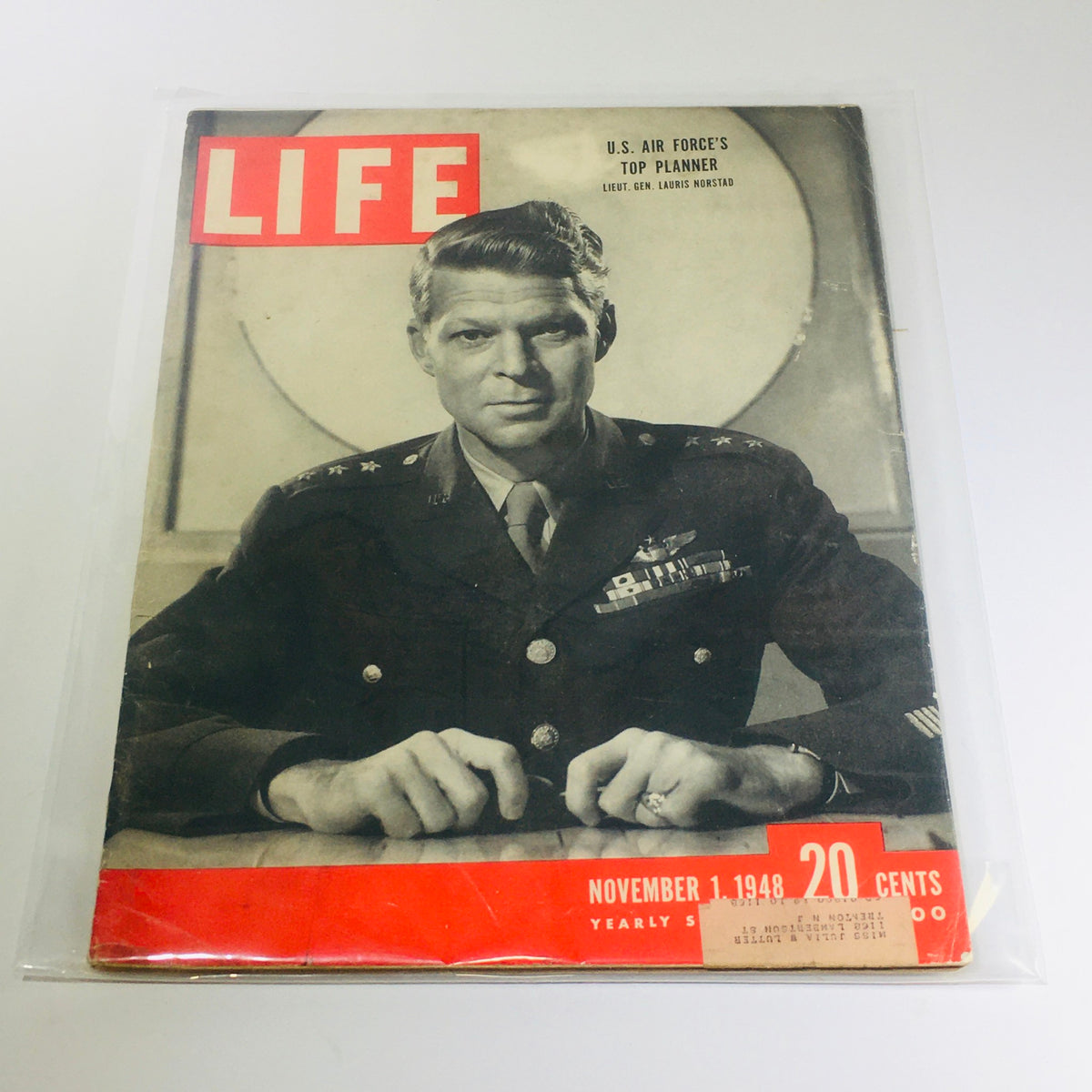 Cover of vintage Life Magazine dated November 1, 1948, featuring Lieut. Gen. Lauris Norstad of the U.S. Air Force, highlighting his role as a military leader during the post-World War II era.