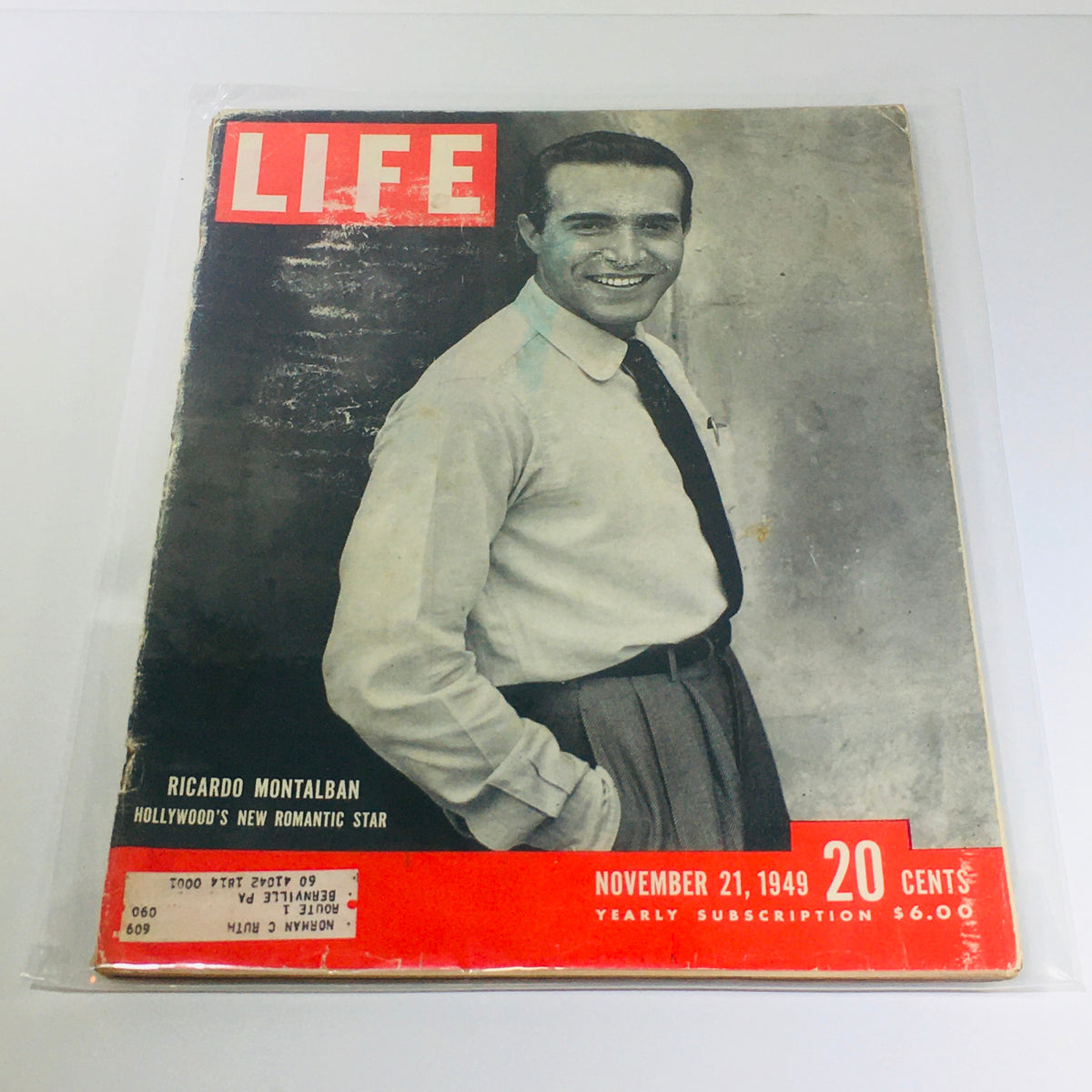 Vintage Life Magazine cover from November 21, 1949 featuring Ricardo Montalban, highlighting his role as Hollywood's new romantic star.