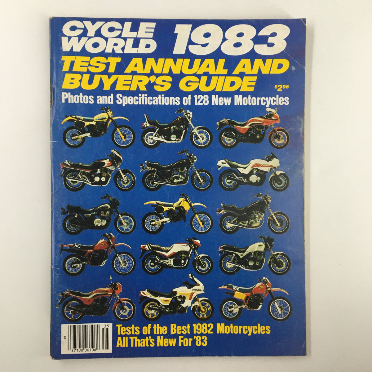 Cover of VTG Cycle World Magazine 1983 Test Annual and Buyer's Guide featuring illustrations of various motorcycles and specifications for 128 new models.