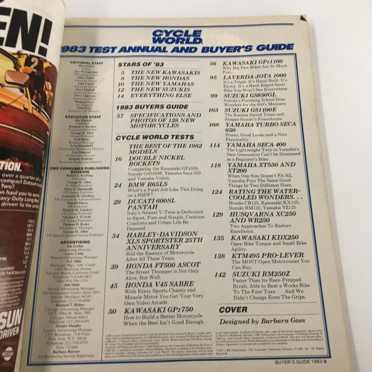 Inside page of the VTG Cycle World Magazine 1983 Test Annual and Buyer's Guide, showcasing the table of contents, including motorcycle tests and buyer's guide details.