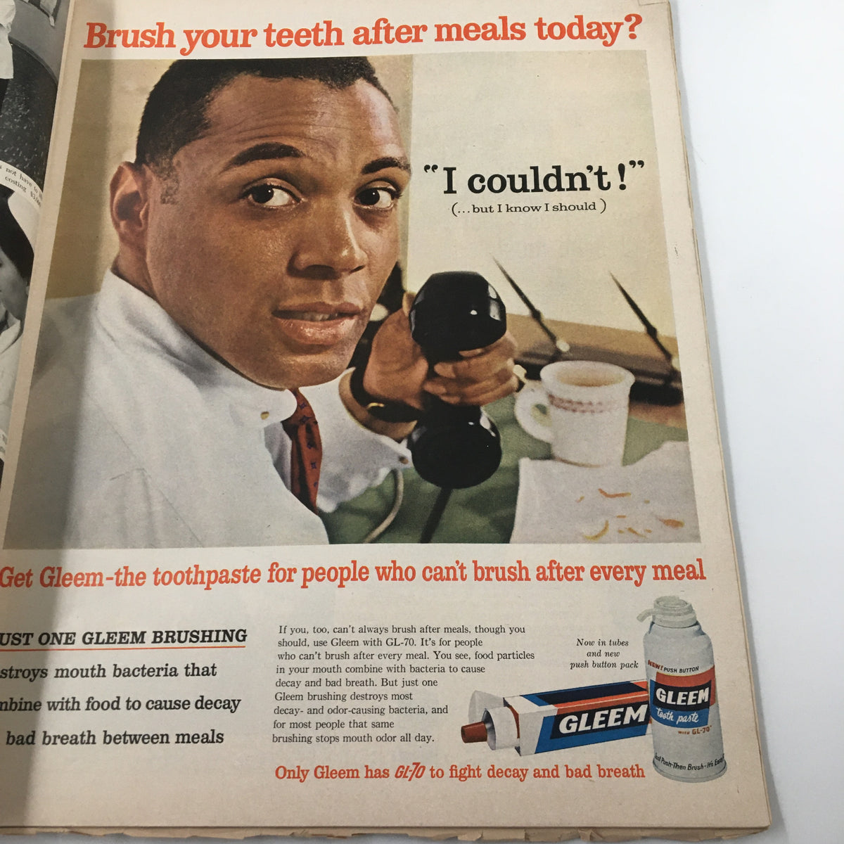Page from Ebony Magazine January 1960 showing a Gleem toothpaste advertisement with a concerned gentleman holding a phone.