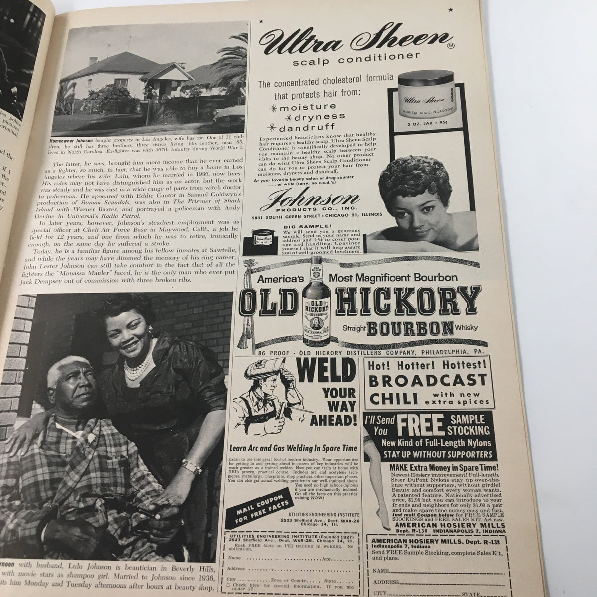Vintage Ebony Magazine January 1960 ad featuring Ultra Sheen scalp conditioner and advertisements for Old Hickory Bourbon and American Hosiery Mills. The page reflects the culture and trends of the era.