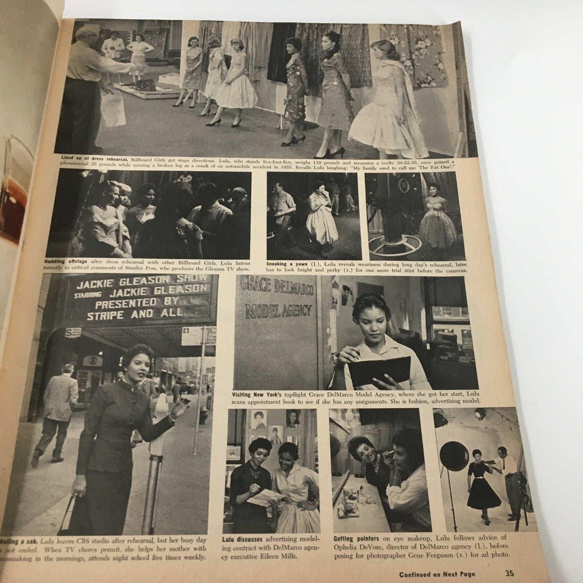 Images from VTG Ebony Magazine December 1958 showing rehearsals of Jackie Gleason's 'Billboard Girl,' depicting behind-the-scenes moments of classic television production.