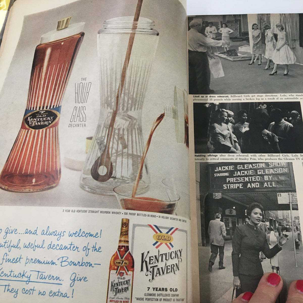 Advertisement in VTG Ebony Magazine December 1958 featuring Kentucky Tavern Bourbon and showcasing images related to product promotion, reflecting mid-century marketing techniques.