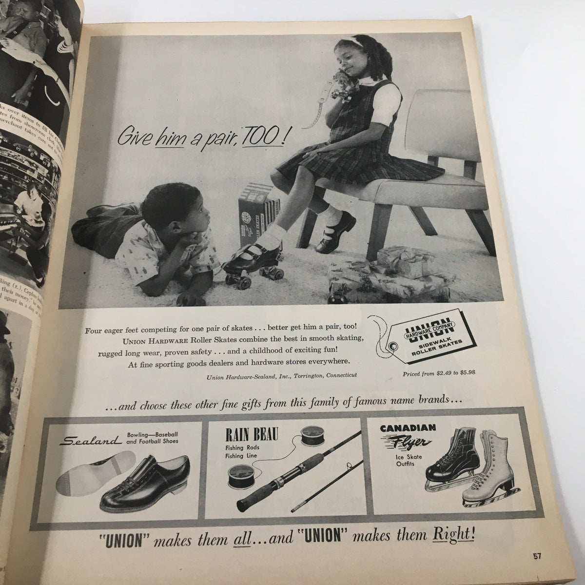 Advertisement in VTG Ebony Magazine December 1958 promoting Union Hardware Roller Skates and other gifts, illustrating the childhood products popular in the late 1950s.
