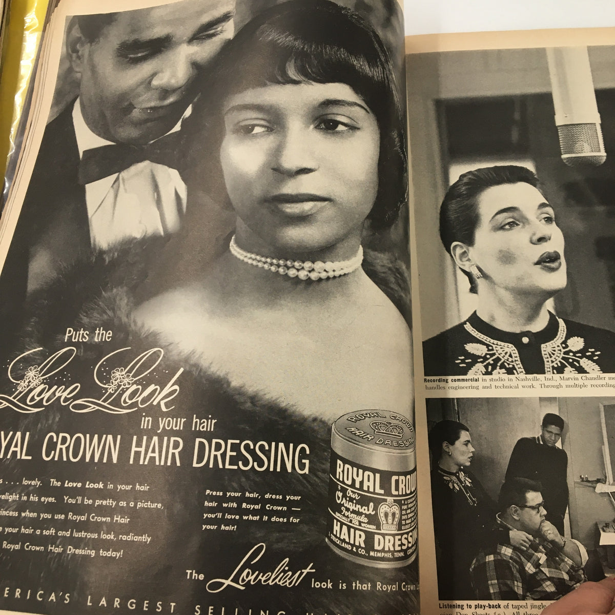 VTG Ebony Magazine December 1958 showcasing a beautiful model and an advertisement for Royal Crown Hair Dressing, reflecting vintage beauty standards.